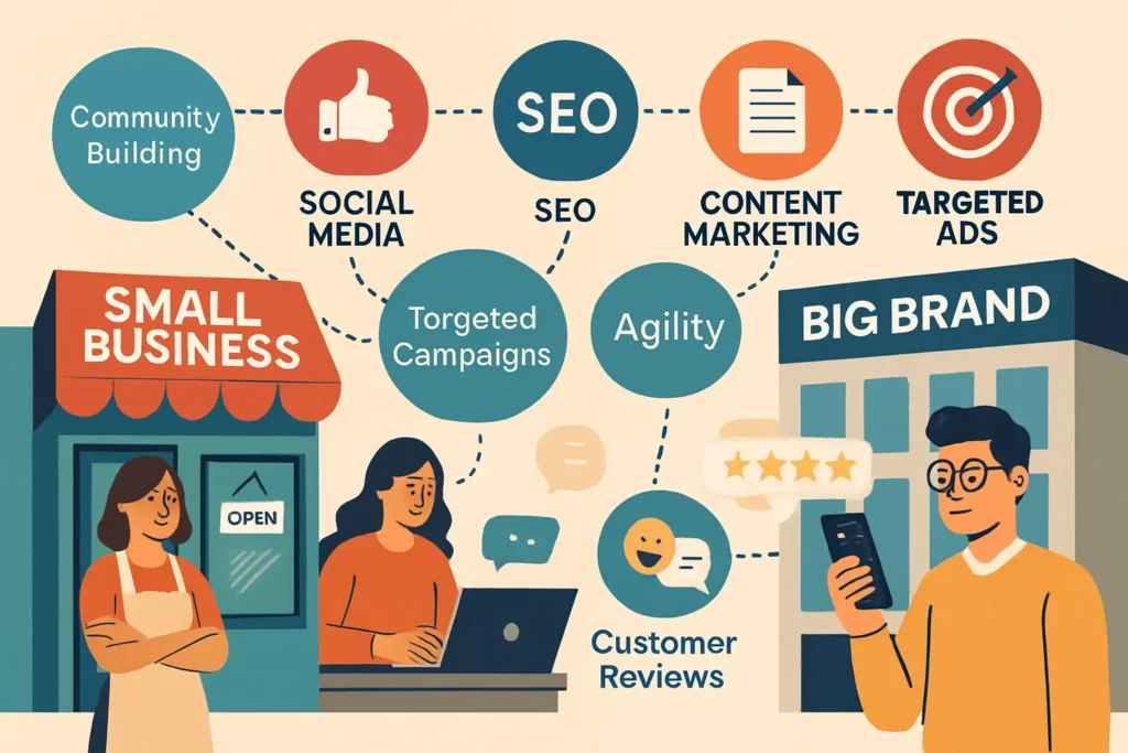 small business and a big brand are shown with icons of top best digital marketer in malappuram